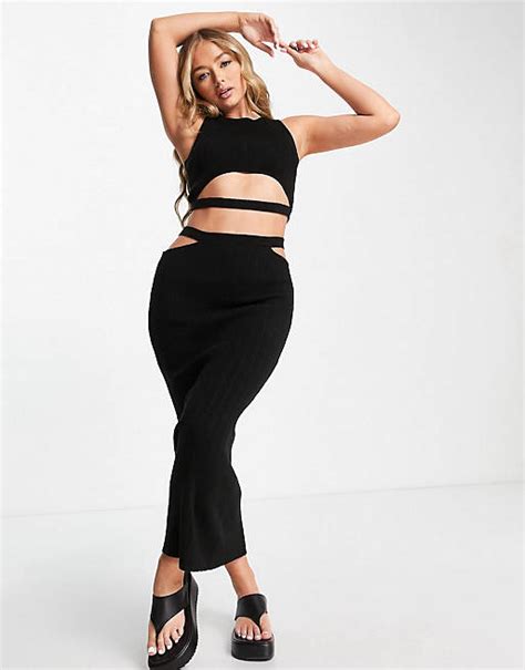 Asos Design Co Ord Knitted Midi Skirt And Top With Cut Out Strap Detail In Black Asos