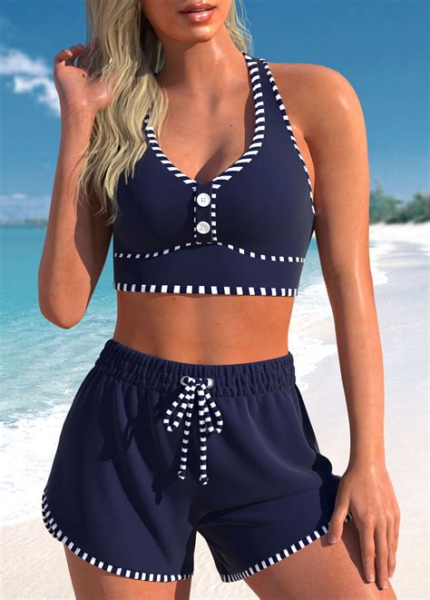 Criss Cross High Waisted Striped Navy Bikini Set Modlily USD 37 98