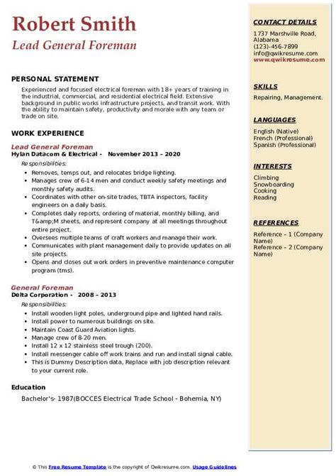 General Foreman Resume Samples | QwikResume