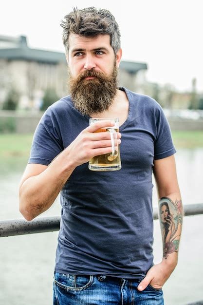 Premium Photo Bearded Man With Beer Glass Outdoor Weekend Relax