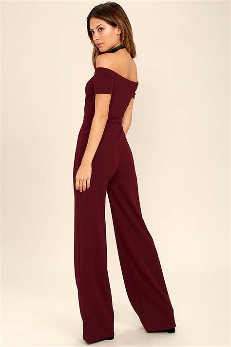 Sexy Burgundy Jumpsuit Off The Shoulder Jumpsuit Wide Leg Jumpsuit