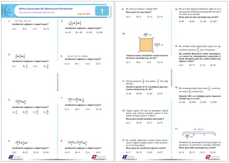 8 Sınıf Birinci Dereceden Bir Bilinmeyenli Denklemler Yaprak Test 1