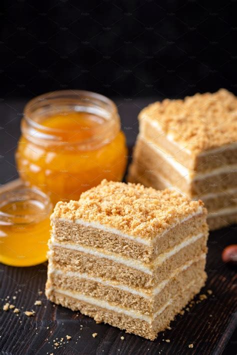 Layer Honey Cake Medovik On Black Containing Cake Honey And Biscuit