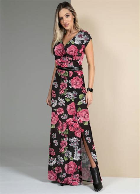 Vestido Floral Preto Decote Transpassado Quintess