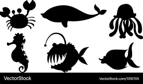 Sea creatures in black colors Royalty Free Vector Image