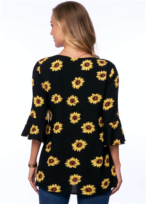 Lace Up Sunflower Print 3 4 Sleeve Blouse Modlily USD 26 98