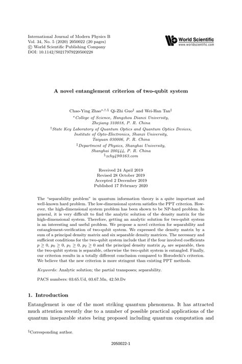 Pdf A Novel Entanglement Criterion Of Two Qubit System