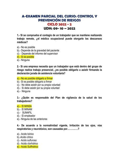 Solucionario De Examen Parcial De Control Y Prevenci N De Riesgos