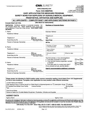 Form 10 E DMEPOS Application For Medicare Program CNA Surety Fill