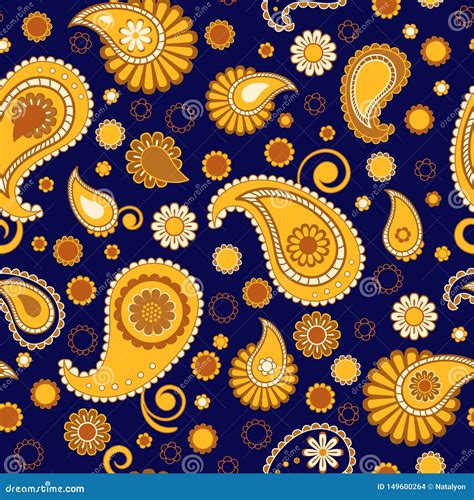 Golden On Dark Blue Traditional Oriental Paisley Floral Seamless