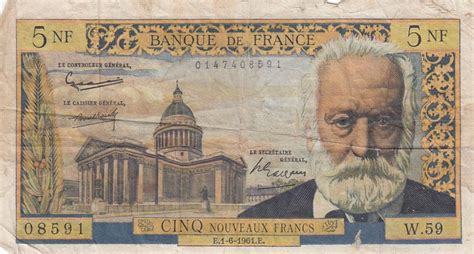 Banknote France 5 NF Victor Hugo 01 06 1961 Serial W 59