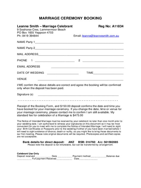 Marriage Ceremony Booking Form Leanne Smith Civil Celebrant Fill Out