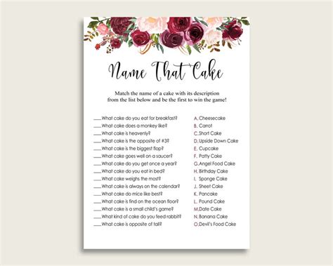 Burgundy Name That Cake Bridal Shower Game Printable Red Pink Etsy