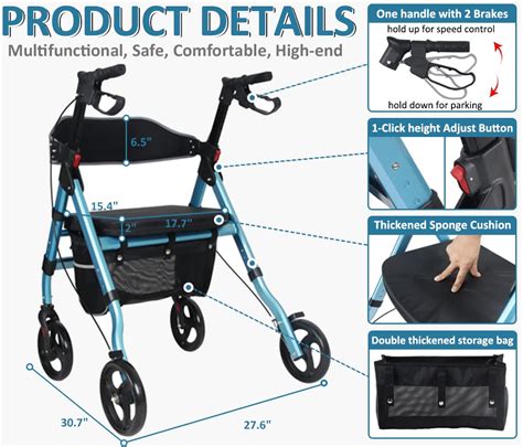 Blessreach Heavy Duty Rollator Walker Aluminum Rolling Walker For