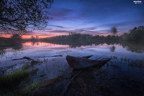 Boat Dubna River Evening Sky Latgale Latvia Trees Viewes Clouds