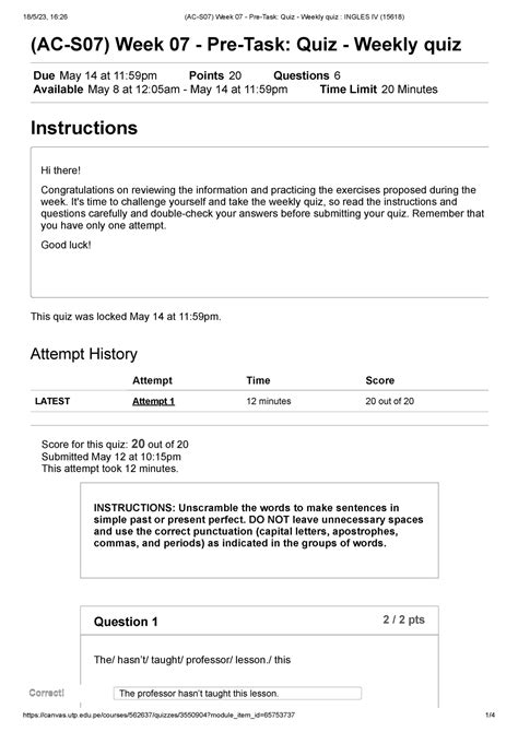 AC S07 Week 07 Pre Task Quiz Weekly Quiz Ingles IV 15618 AC