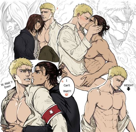 Rule 34 2boys Attack On Titan Blonde Hair Blush Bottomless Brown Hair English Text Eren Jaeger