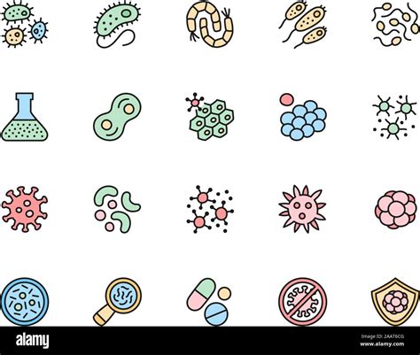 Set Of Bacteria Probiotic And Virus Flat Color Line Icons Microbe