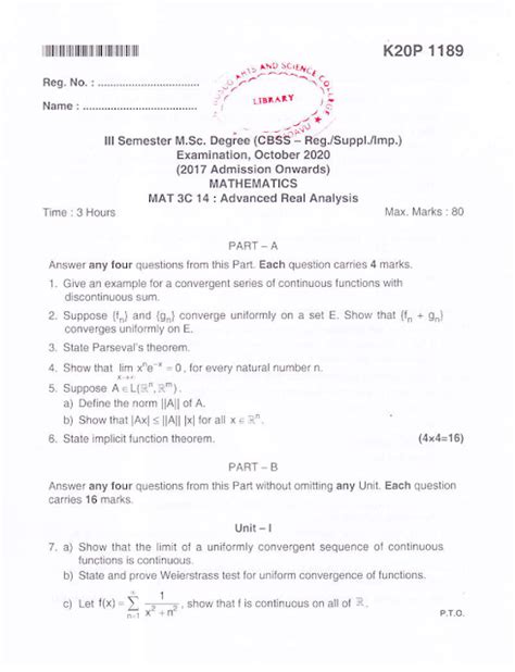 Kannur University M Sc Mathematics Third Semester Mat3c14 Advanced Real Analysis October 2020