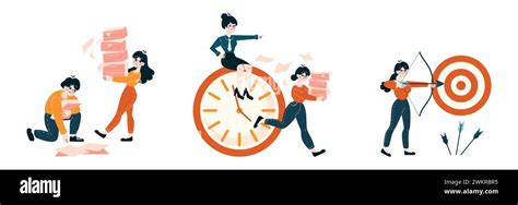 Time Management Set Dynamic Business People Tackle Deadlines Prioritize Tasks Aim For Targets