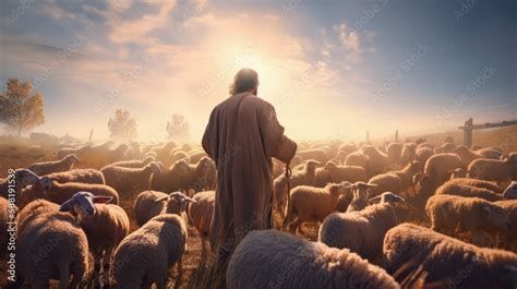 Jesus The Good Shepherd Guiding His Sheep Christian Concept