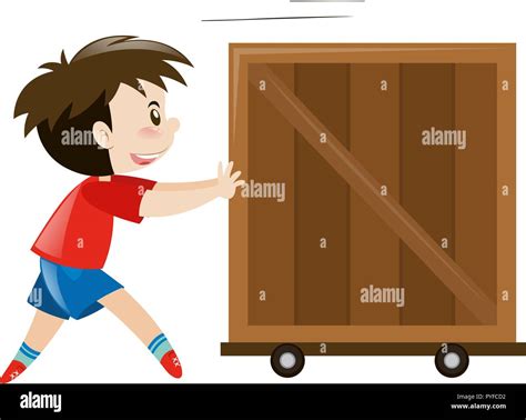 Happy Boy Pushing Wooden Box Illustration Stock Vector Image And Art Alamy