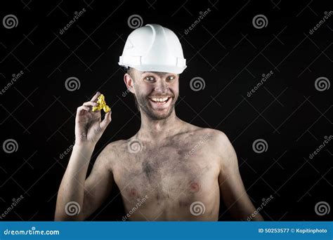 Happy Miner Shows A Golden Nugget Stock Image Image Of Dirty Metal