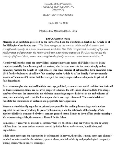 explanatory note  marriage divorce