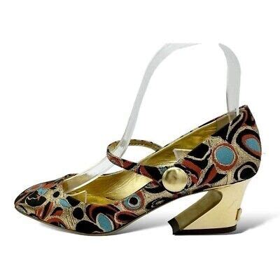 Dolce Gabbana Metallic Gold Tapestry Mary Jane Sculptural Heeled Pumps