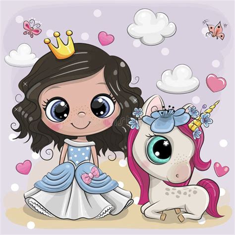 Lindo Dibujos Animados Cuento De Hadas Princesa Y Unicornio Ilustración