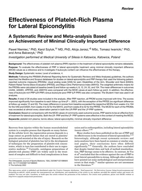 Pdf Effectiveness Of Platelet Rich Plasma For Lateral Epicondylitis