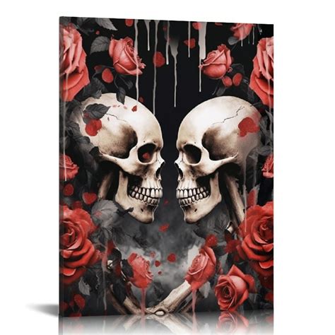 Pikweek Skull Canvas Wall Art Skeleton Couple With Red Rose Flower