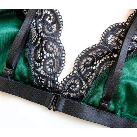 Sexy Green Velvet Sheer Floral Lace Spaghetti Strap Triangle Bra And