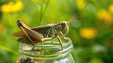 A Grasshopper On A Green Grass Background Close A Grasshopper Sits On A Glass Jar Grasshopper