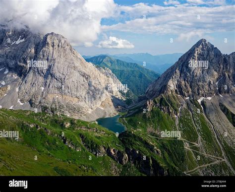 Aerial View Of Volaia Lake Wolayersee In The Border Of Italy And