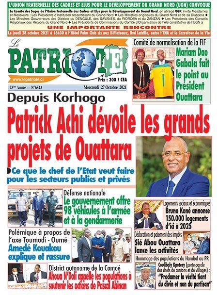 Titrologie De Le Patriote N Du Mercredi Octobre Abidjan