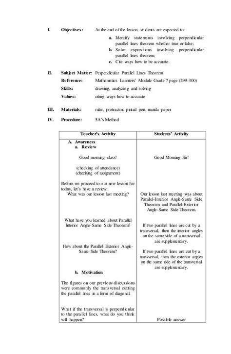 Perpendicular Parallel Lines Theorem Lesson Plan Using 5 As Method