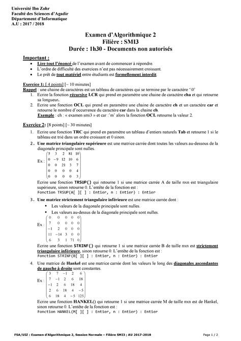 Algo Sn Exams Pour Algorithmique Smi Uiz Universit Ibn