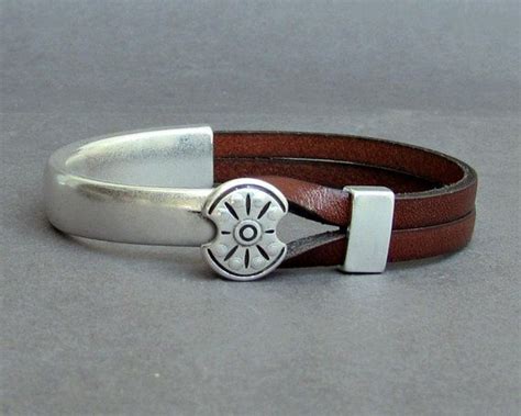 Leather Bracelet For Men Silver Ancient Shield Mens Leather Bracelet