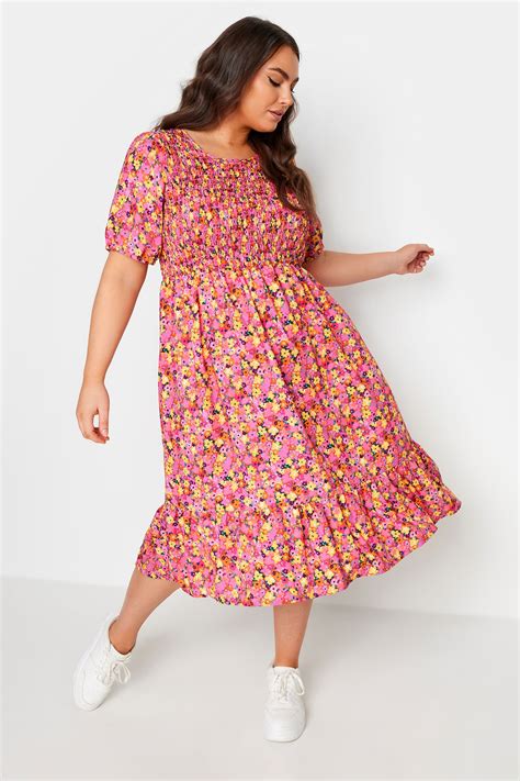 Yours Plus Size Pink Floral Print Shirred Midaxi Dress Yours Clothing