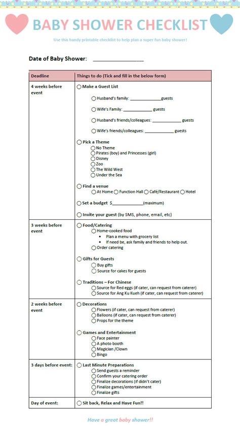 Baby Shower Checklist By Week Printable Pdf