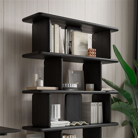 67 5 Tier Black Wooden Bookshelf Japandi Etagere Geometric Bookcase