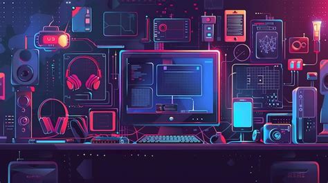 A colorful futuristic illustration of a desktop computer workstation ...