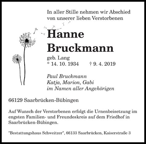 Traueranzeigen Von Hanne Bruckmann Saarbruecker Zeitung Trauer De