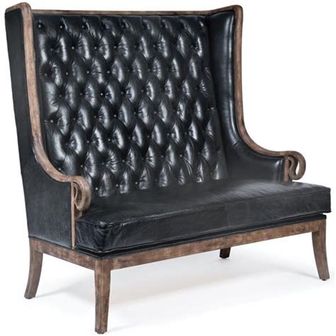 Vince Modern Classic High Back Tufted Black Leather Wood Settee Loveseat Settee