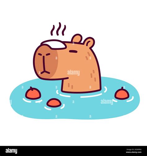 Cute Cartoon Capybara In Japanese Onsen Hot Spring With Steaming Towel On Head Kawaii Drawing