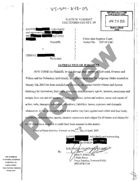 Vermont Satisfaction Of Judgment Us Legal Forms