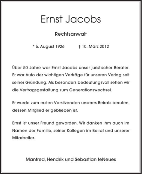 Alle Traueranzeigen für Ernst Jacobs trauer rp online de