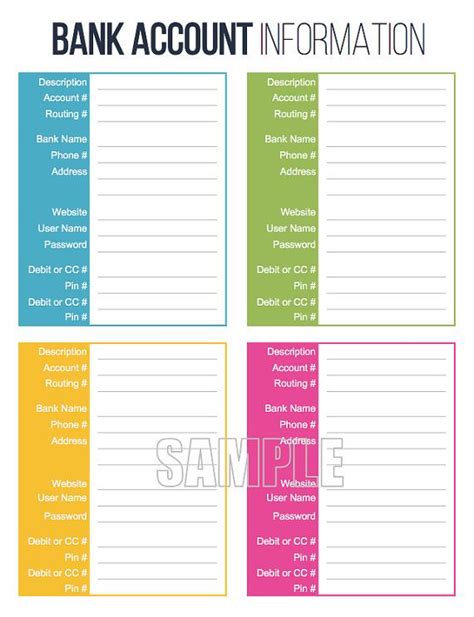 Bank Account Information Printable Fillable Personal Finance Organizing