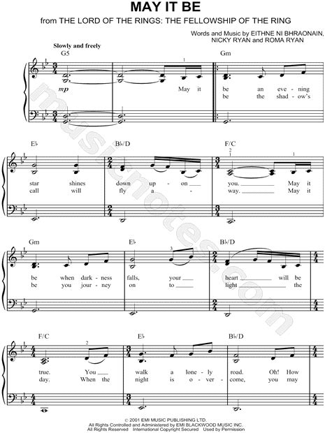 Enya May It Be Sheet Music Easy Piano In Bb Major Download And Print Sku Mn0063578